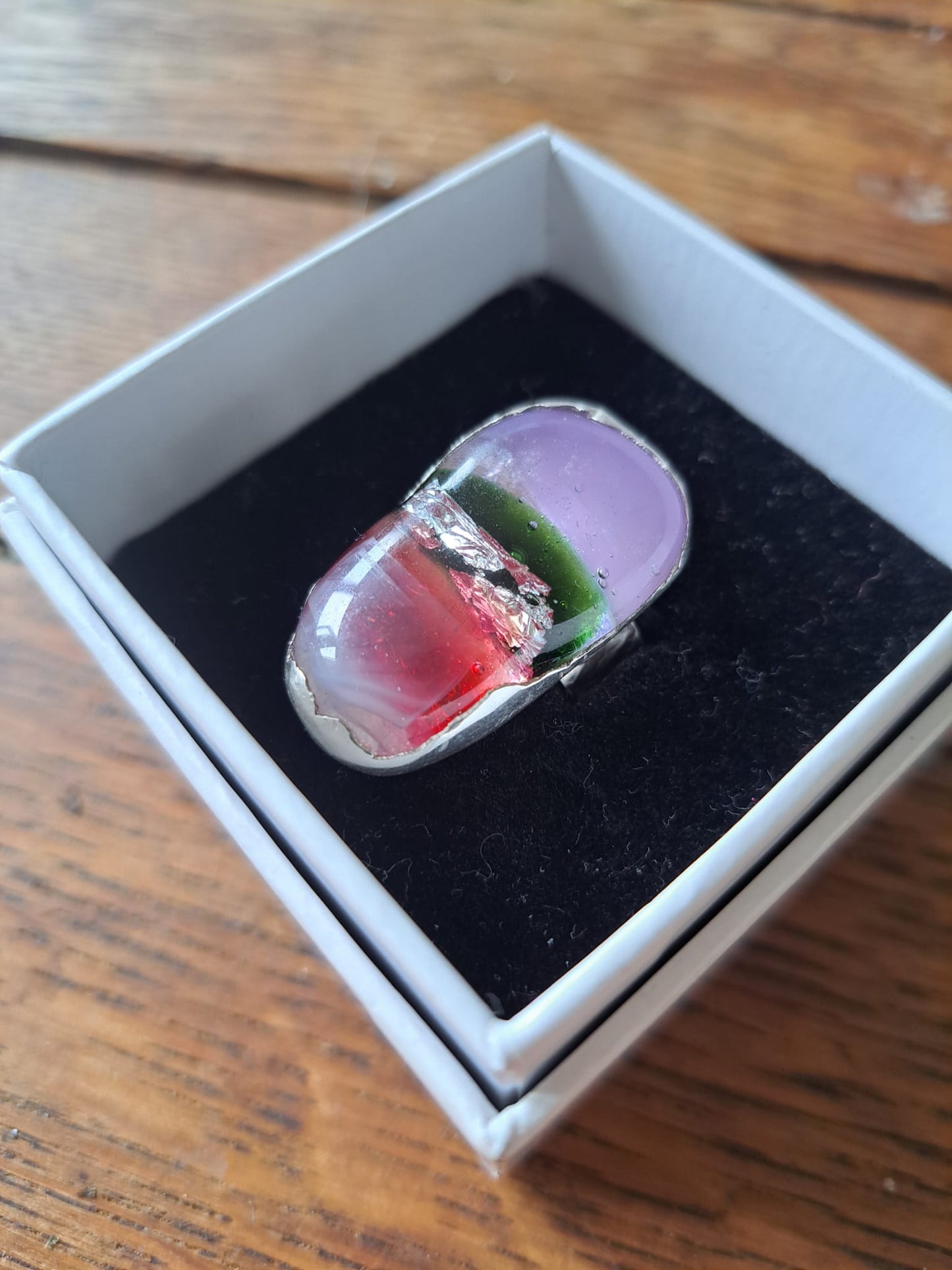 Dichroic Glass Silver Ring - Red/Purple