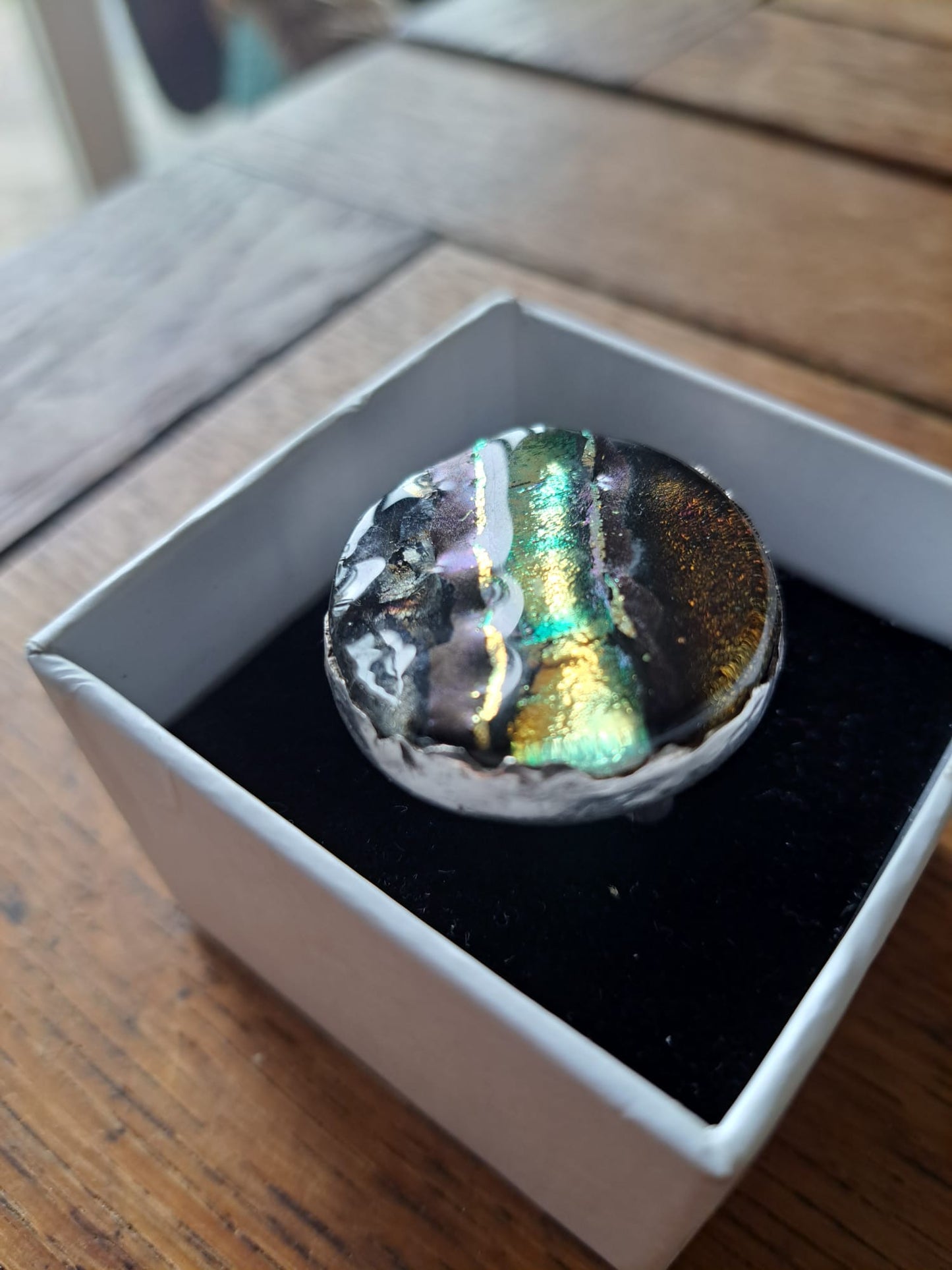 Dichroic Glass Silver Ring - Earth Tones