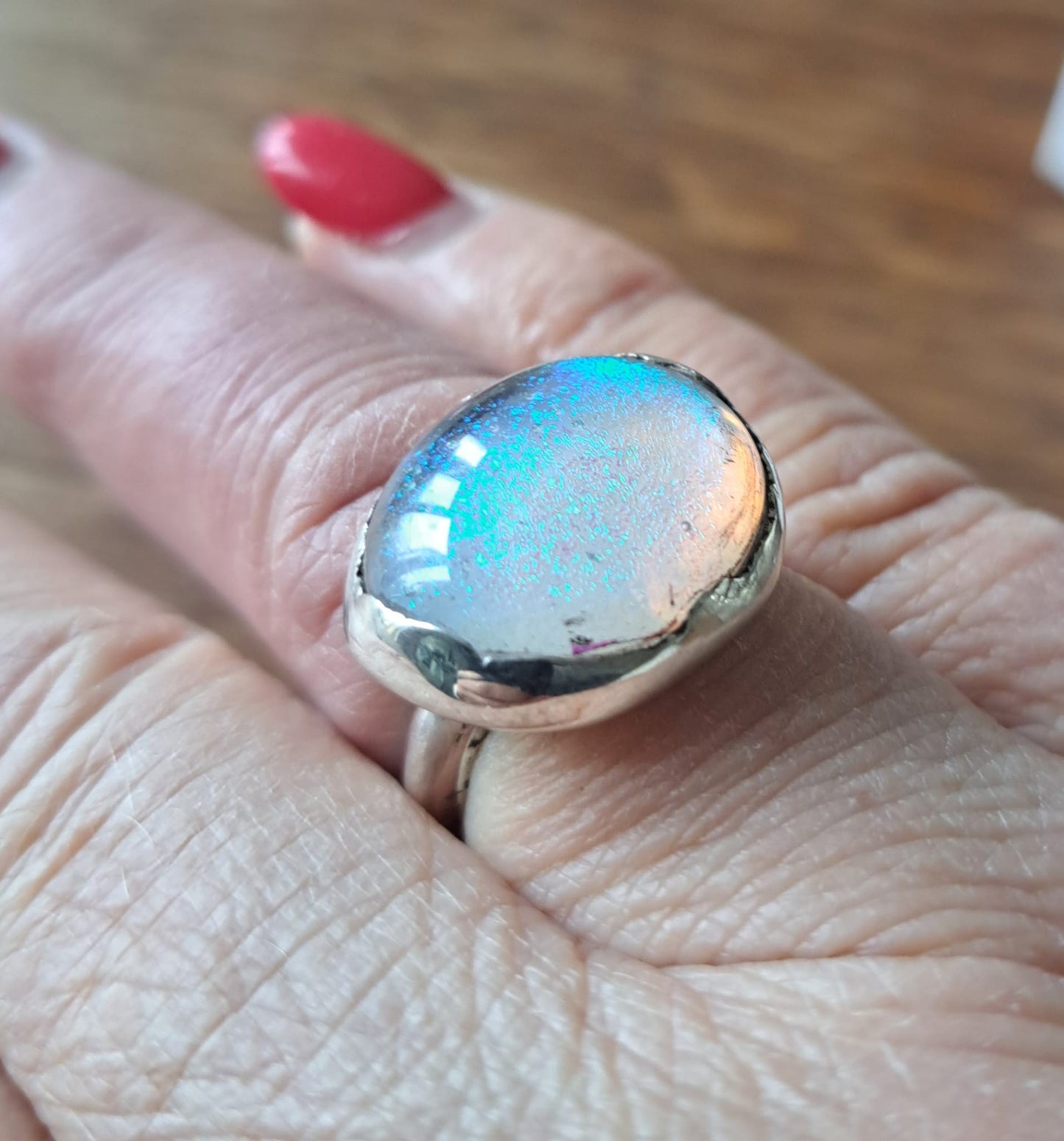 Dichroic Glass Silver Ring - Sparkly White