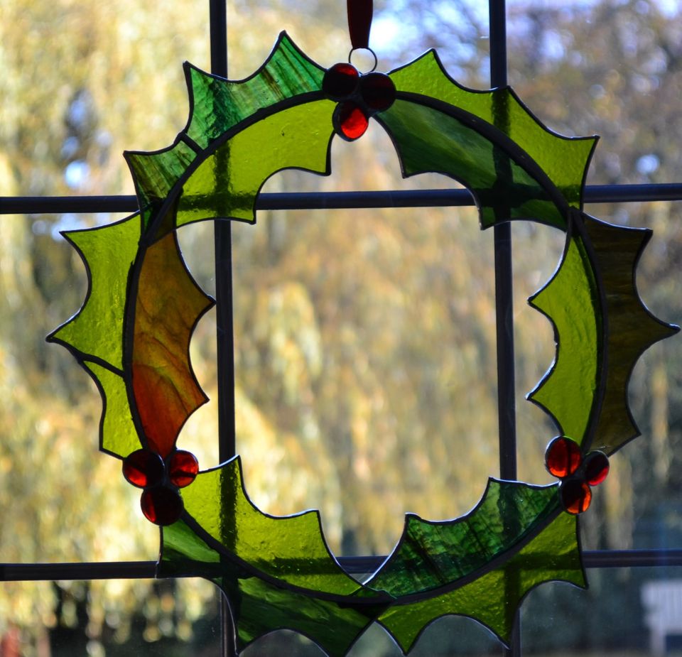 Stained glass holly wreaths