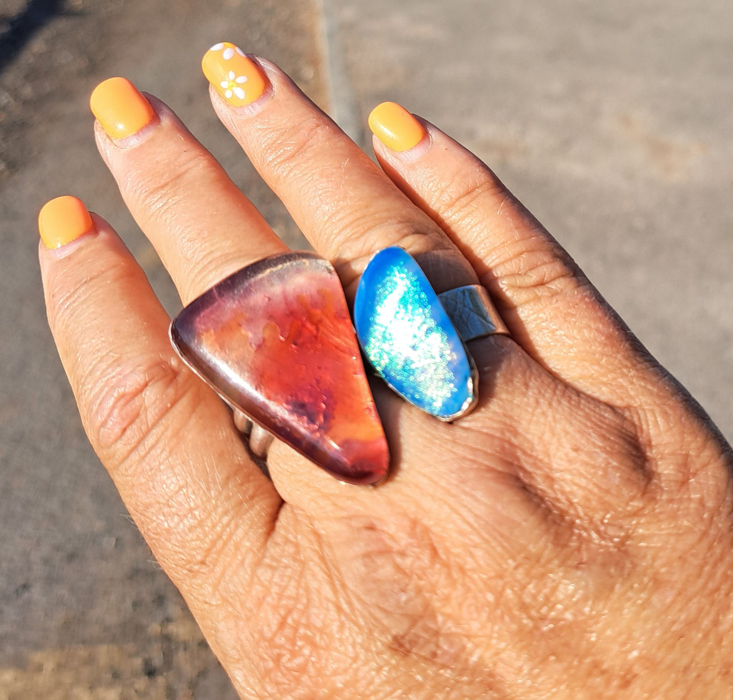 Pale blue dichroic glass and silver ring