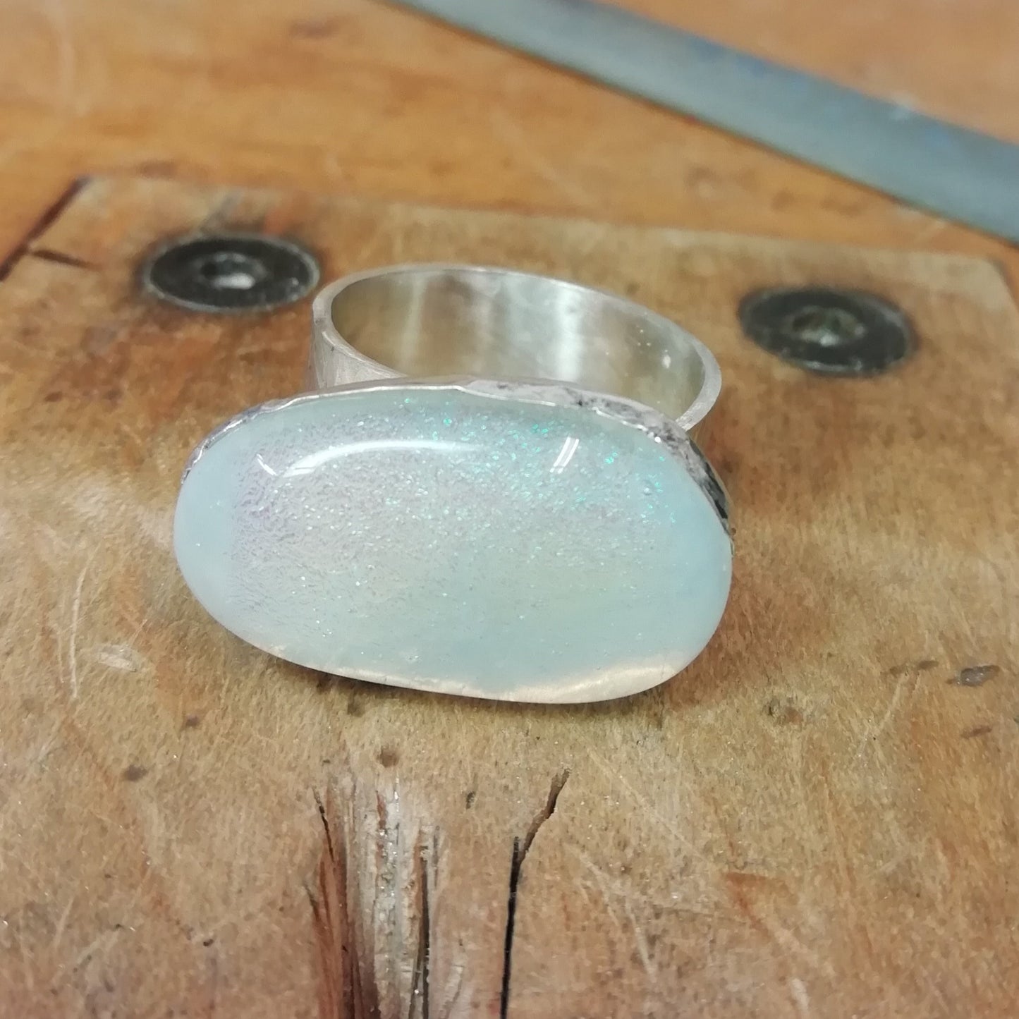 White sparkly  dichroic glass and silver ring