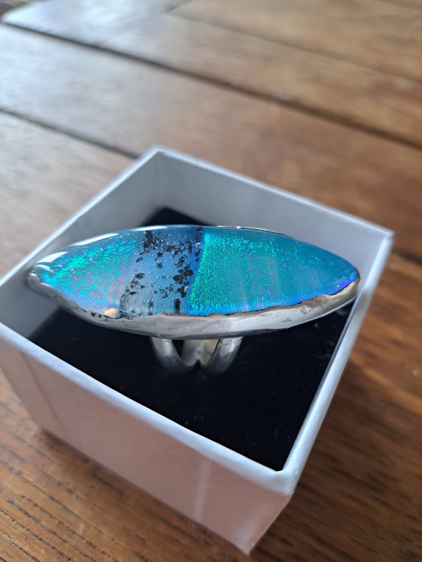 Dichroic Fused-Glass Silver Ring - Blue/Black
