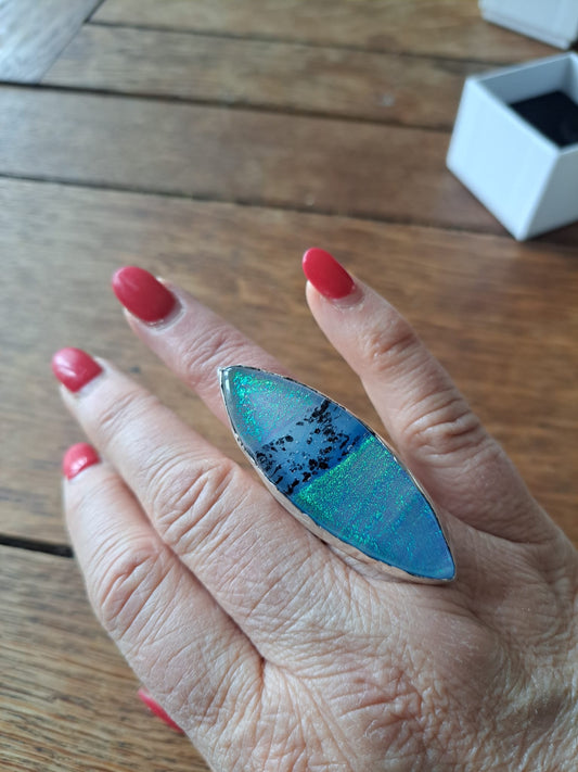 Dichroic Fused-Glass Silver Ring - Blue/Black