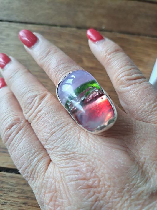 Dichroic Glass Silver Ring - Red/Purple