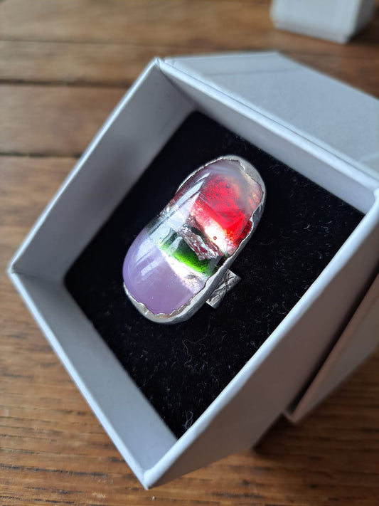 Dichroic Glass Silver Ring - Red/Purple