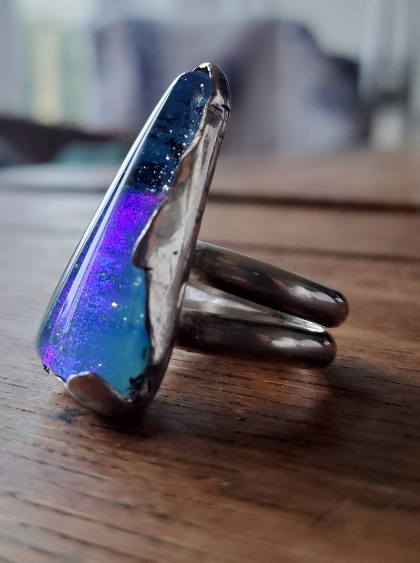 Dichroic Fused-Glass Silver Ring - Blue/Black Triangle