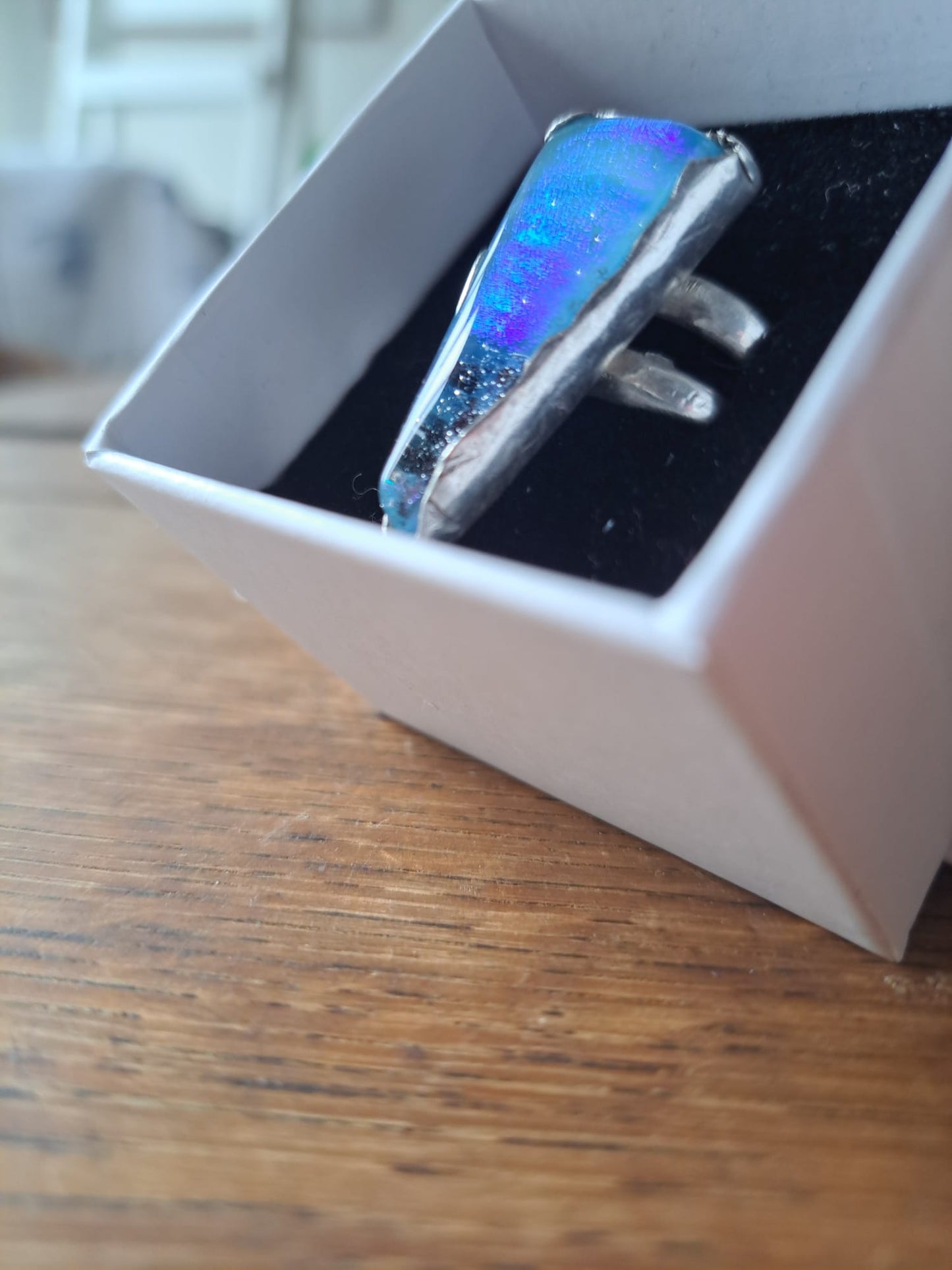 Dichroic Fused-Glass Silver Ring - Blue/Black Triangle