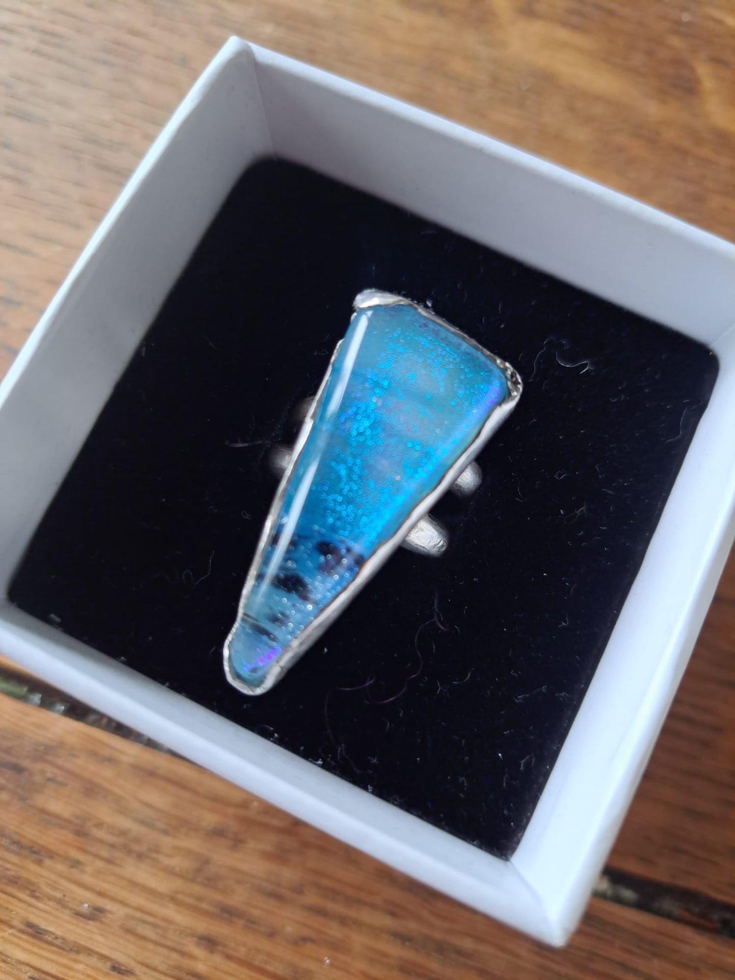 Dichroic Fused-Glass Silver Ring - Blue/Black Triangle