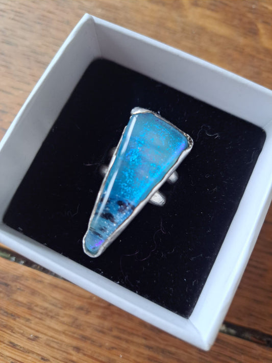 Dichroic Fused-Glass Silver Ring - Blue/Black Triangle
