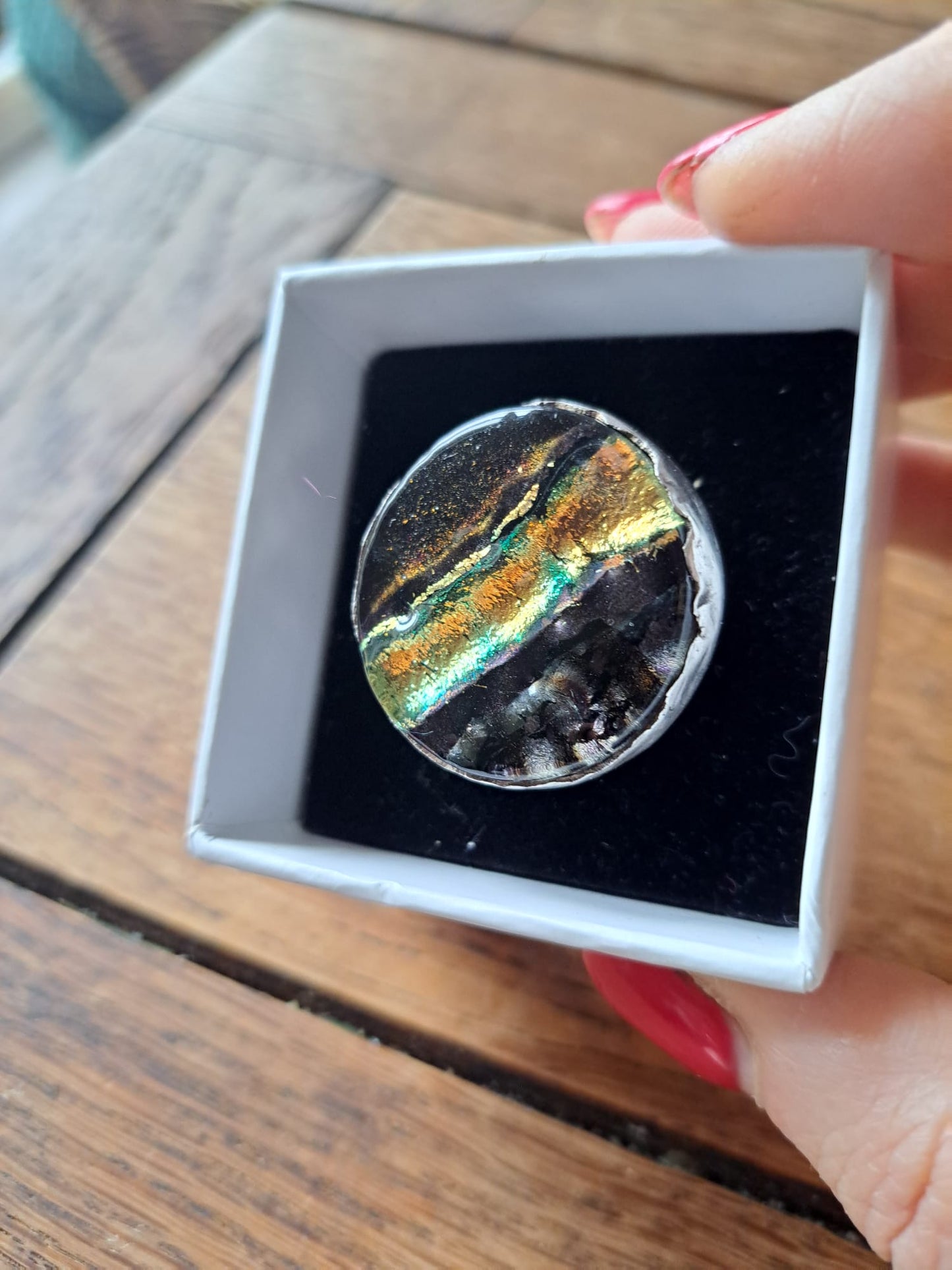 Dichroic Glass Silver Ring - Earth Tones