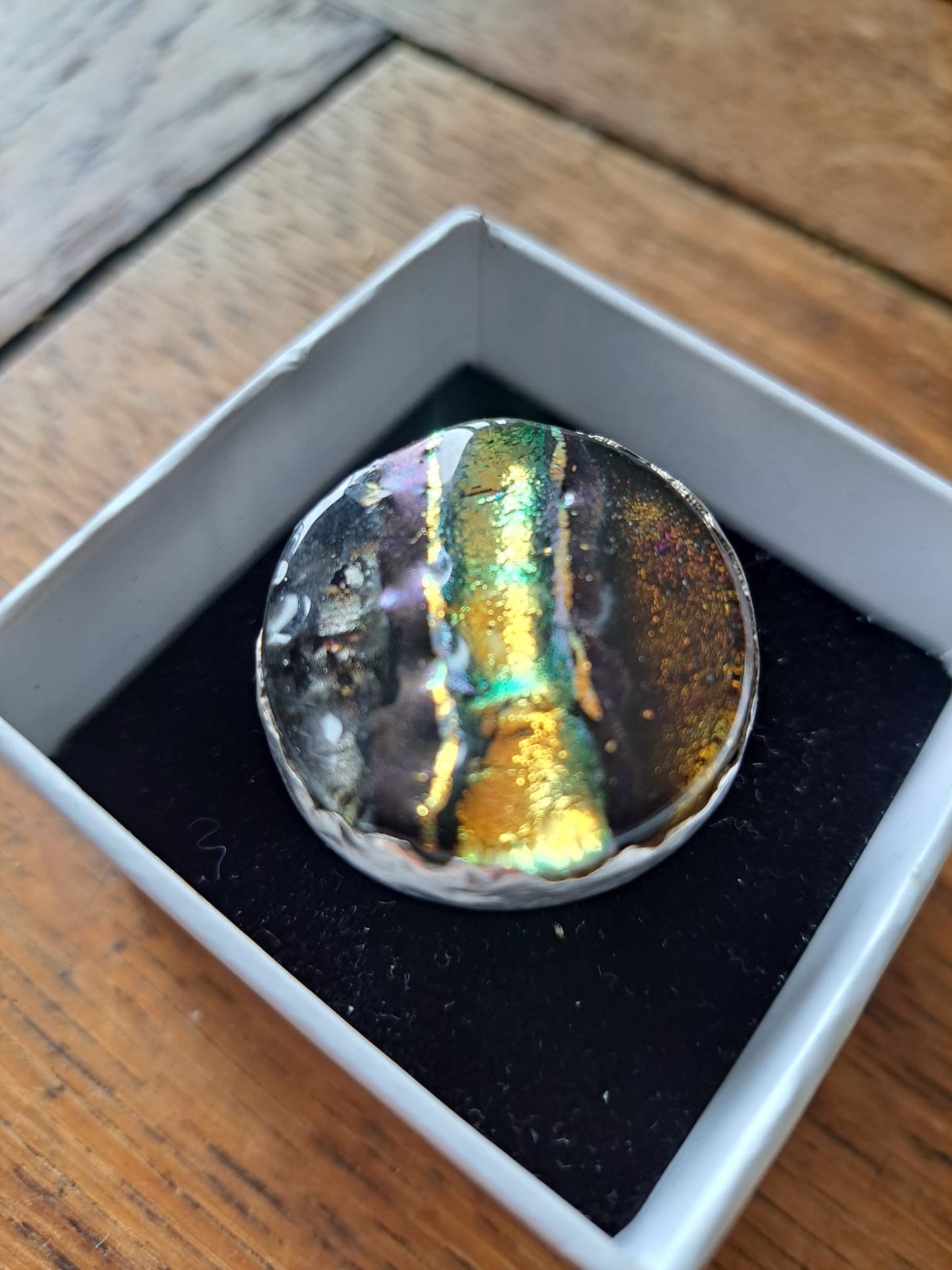 Dichroic Glass Silver Ring - Earth Tones