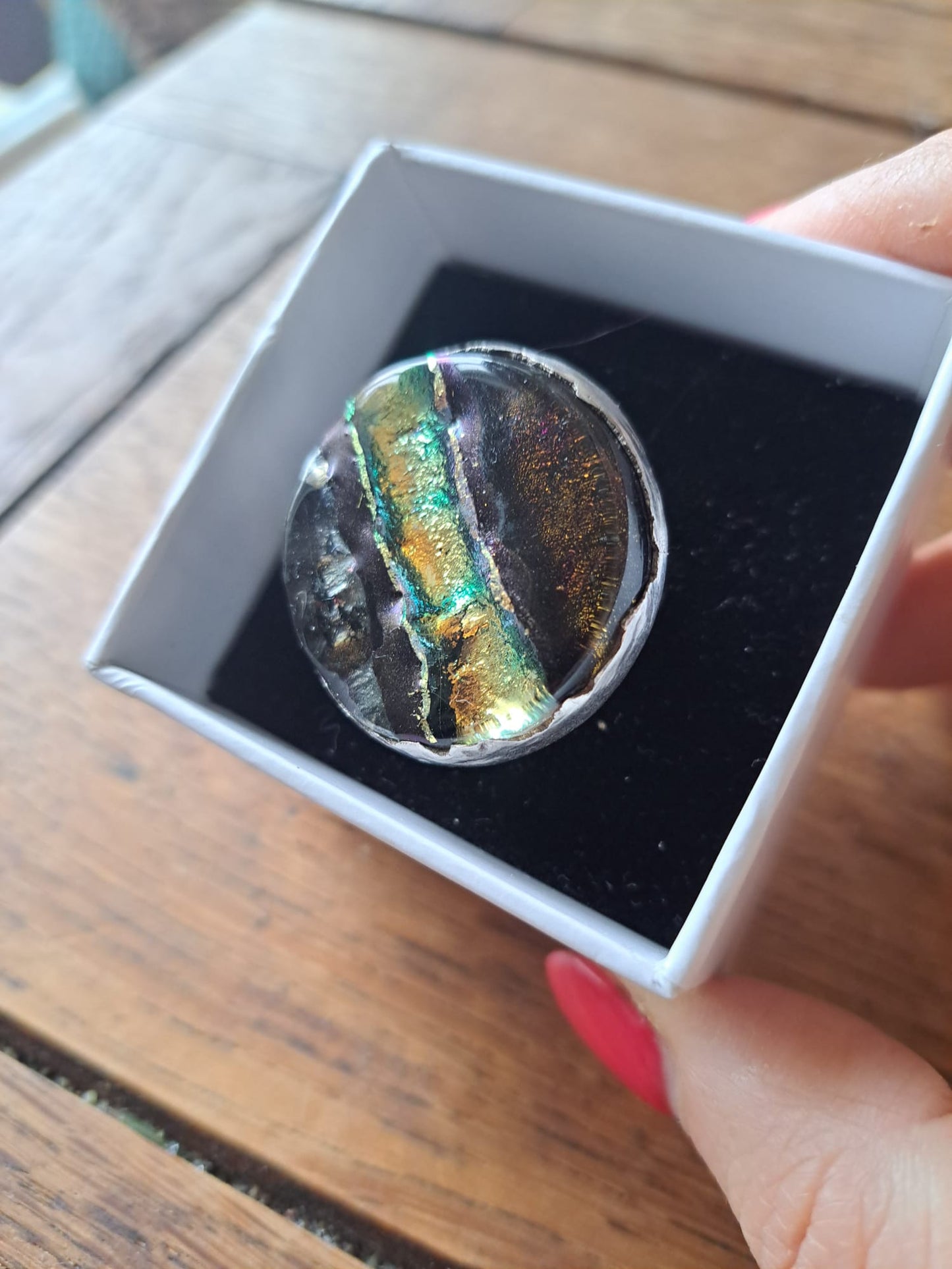 Dichroic Glass Silver Ring - Earth Tones