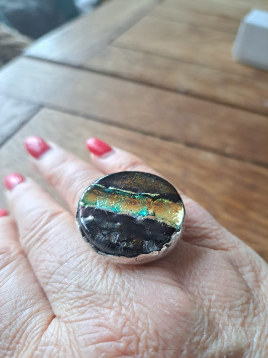 Dichroic Glass Silver Ring - Earth Tones