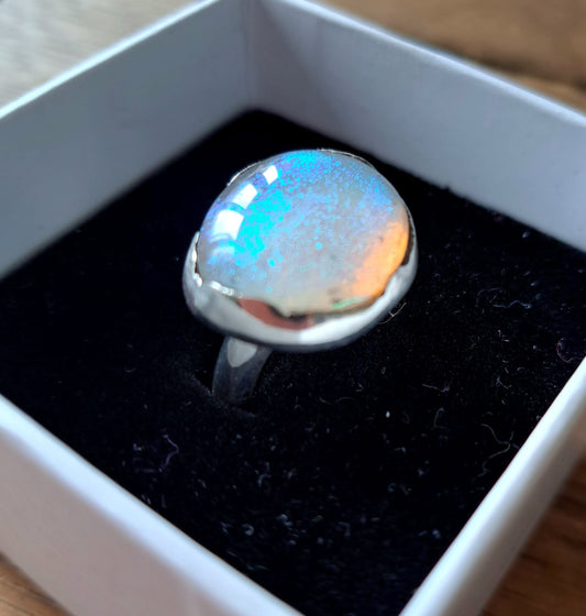 Dichroic Glass Silver Ring - Sparkly White
