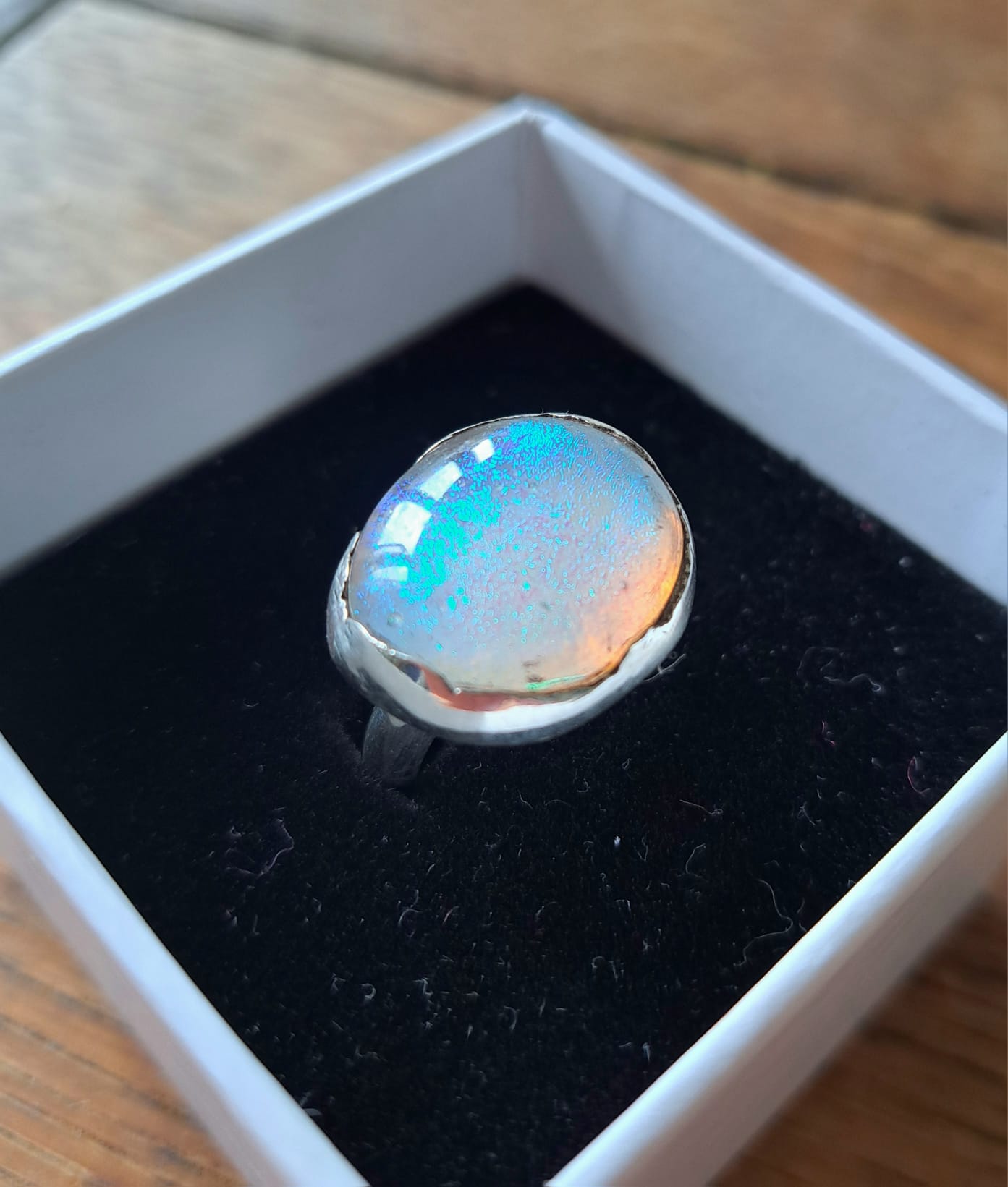 Dichroic Glass Silver Ring - Sparkly White