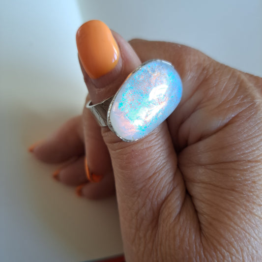 White sparkly  dichroic glass and silver ring