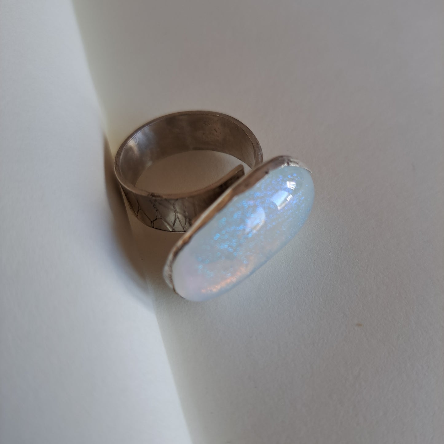 White sparkly  dichroic glass and silver ring