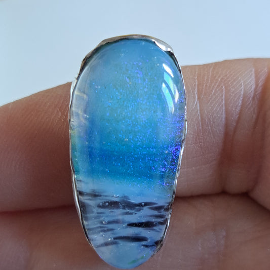 Pale blue and black dichroic fused glass and silver ring