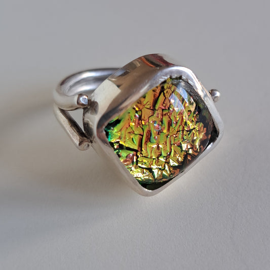 Pink gold orange dichroic glass and silver ring
