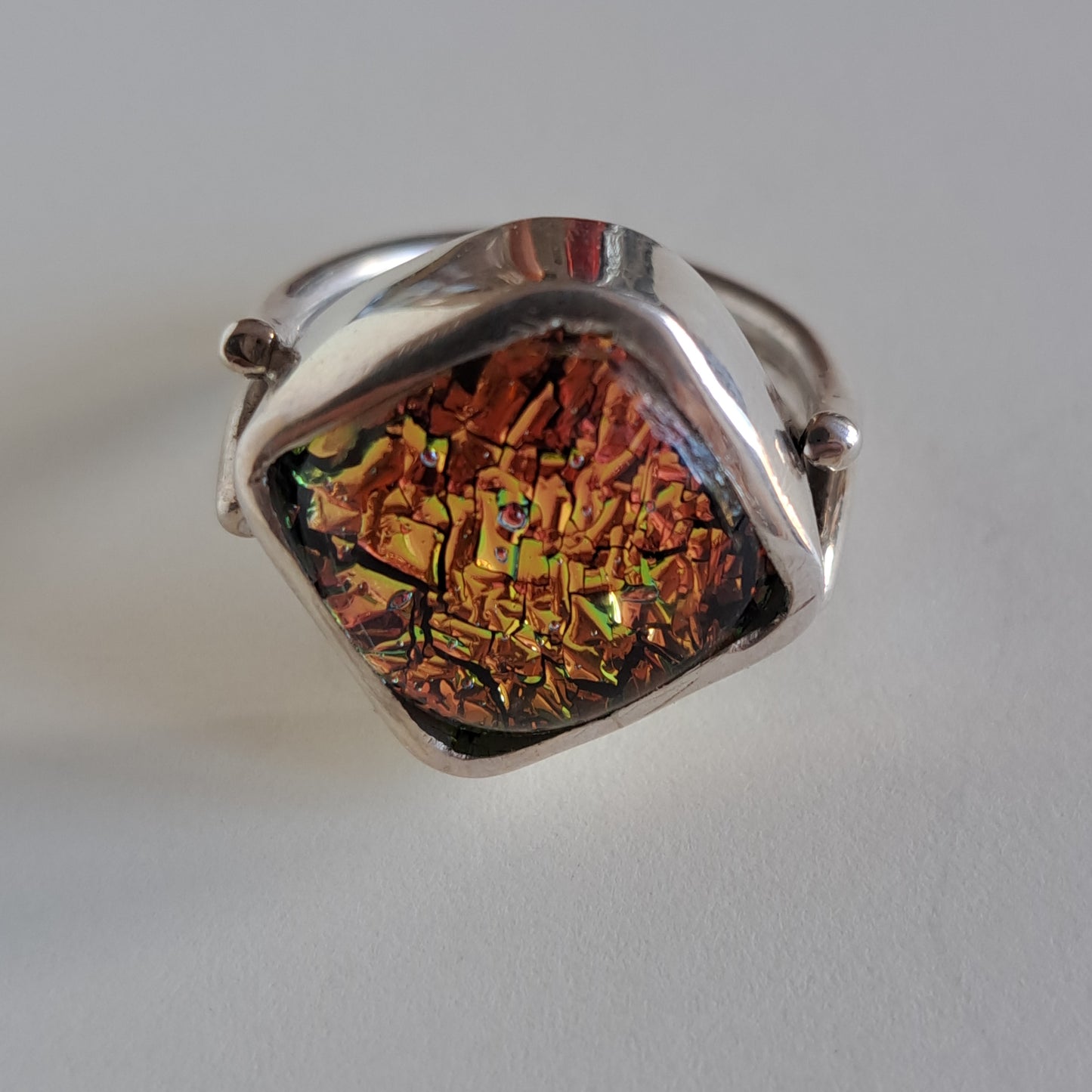 Pink gold orange dichroic glass and silver ring