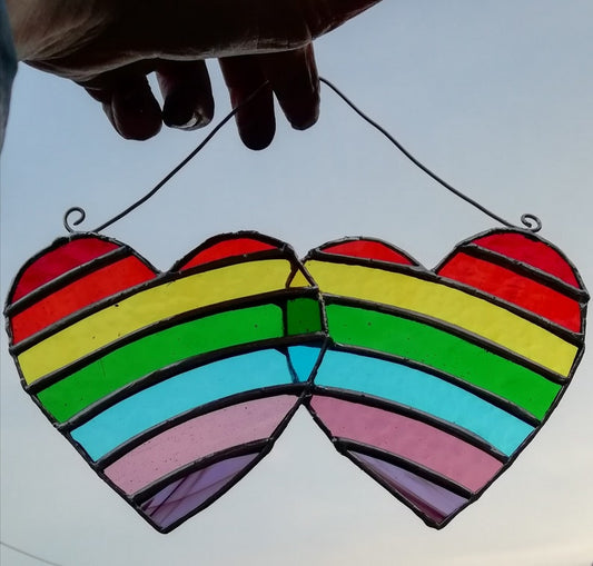 Stained Glass Double Rainbow Heart Suncatcher
