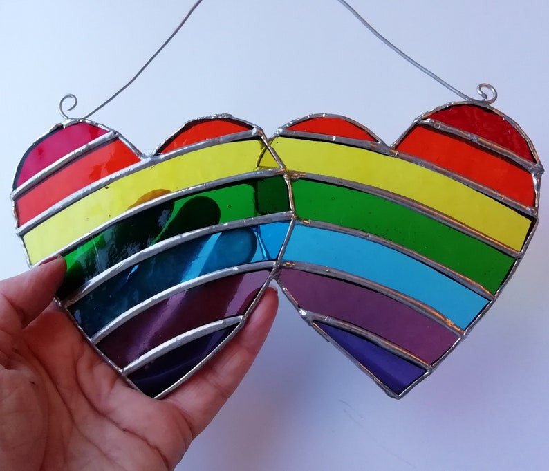 Stained Glass Double Rainbow Heart Suncatcher