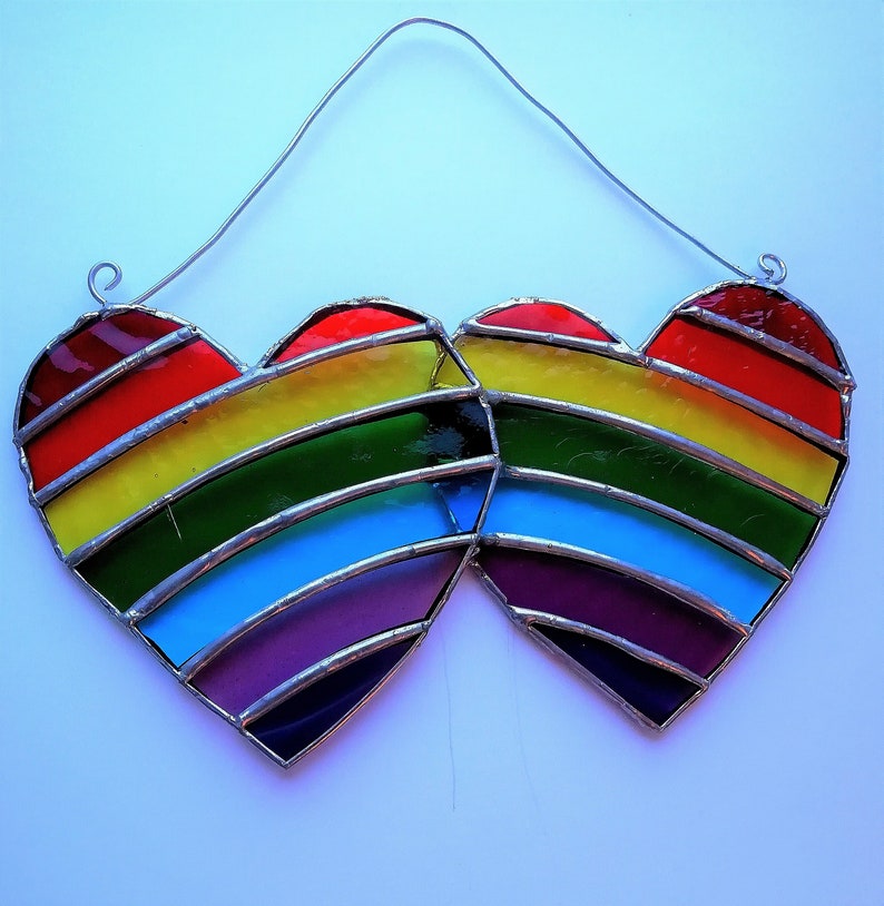 Stained Glass Double Rainbow Heart Suncatcher