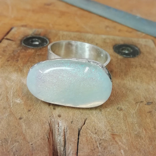 White sparkly  dichroic glass and silver ring